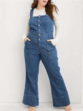 Aerie Wide Leg Denim Jumpsuit Size S Pockets Button Front Utility Overalls Jean